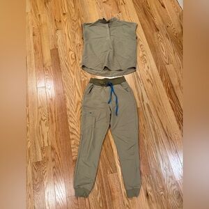 Figs Khaki Scrub Set with Blue Accents